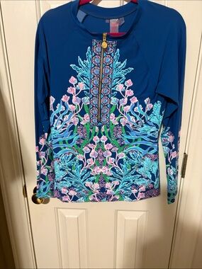 Lilly Pulitzer Barton Blue Floral Rashguard Top with Pink & Aqua Accents
